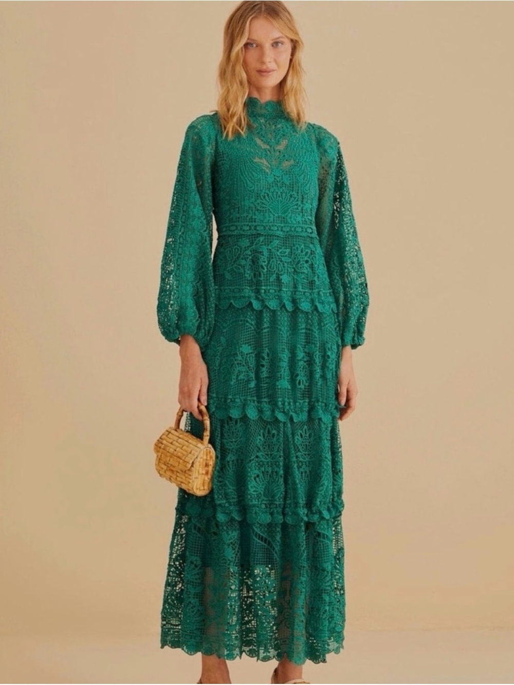 Farm Rio MISSING SLIP Emerald Dark Green Guipure Lace Long Sleeve Maxi Dress NWT - Picture 2 of 4